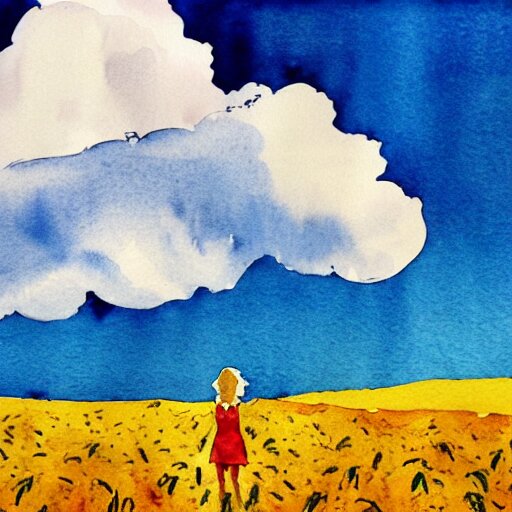 silhouette of a girl in a field of wheat, colorful clouds in the sky, watercolor