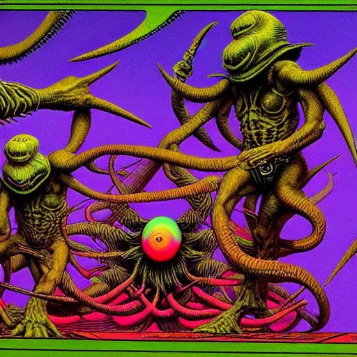 stoner metal album cover in the style of wayne barlowe and  kenny scharf and philippe druillet, realistic, insanely detailed, intricate, smooth, airbrush, play-doh