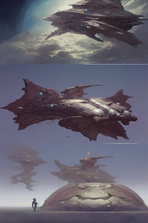 hyoerbolic starship concept design by peter mohrbacher and craig mullins and hiroshi yoshida and james jean and frank frazetta and michael whelan and andreas rocha 