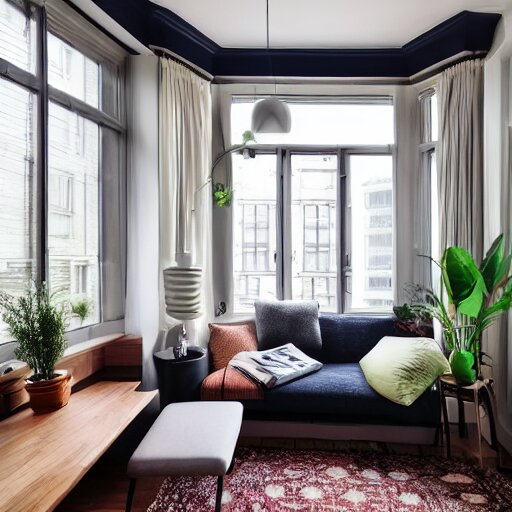 award winning interior design apartment, dusk, cozy and calm, fabrics and textiles, colorful accents, secluded, many light sources, lamps, hardwood floors, book shelf, couch, desk, balcony door, plants, photograph magazine, wide angle