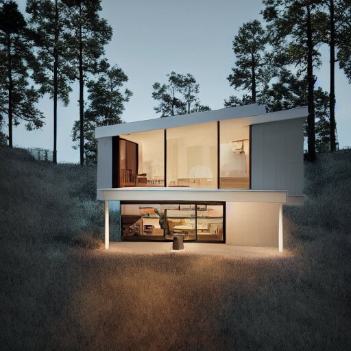 realistic extremely detailed photo real portrait painting of a mid-century modern house on cliff, in moon light, elegant, moody vibrant colors, herman miller, octane render, 4k