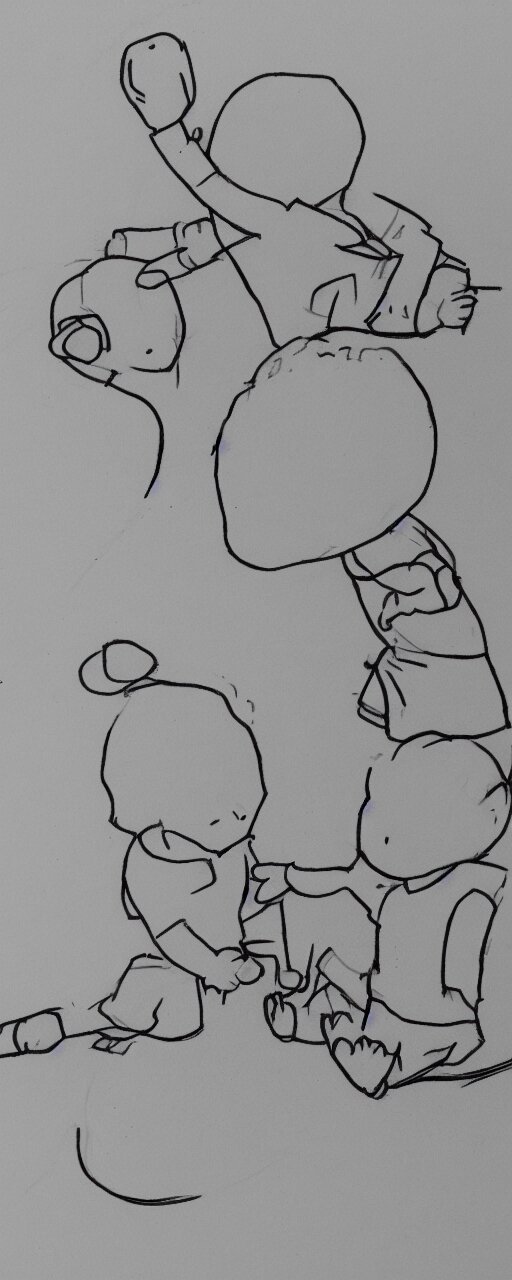 a child's simple drawing of playing with a friend, concept art, sparse layout 