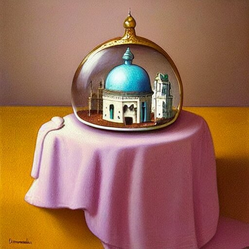 still life painting of a miniature tabletop castle under a glass dome, by paulette tavormina and vermeer, intense pastel colors, hyper realistic, detailed, beautiful bright lighting 