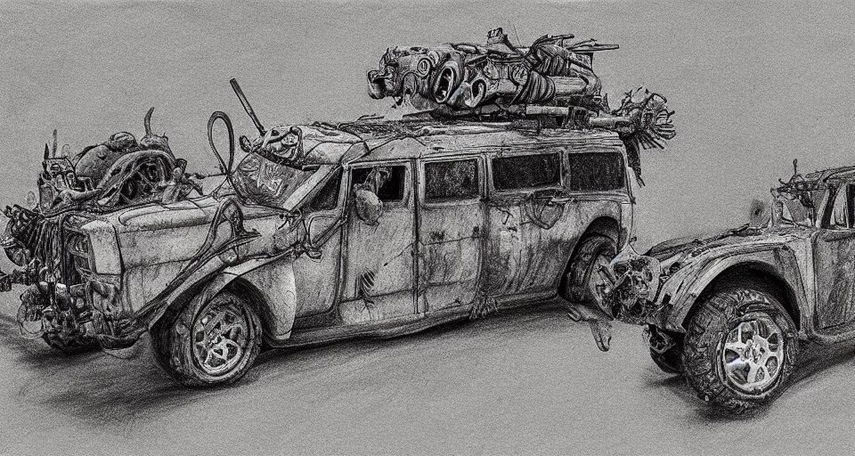 graphite drawing of a stylized cartoony fury road car 