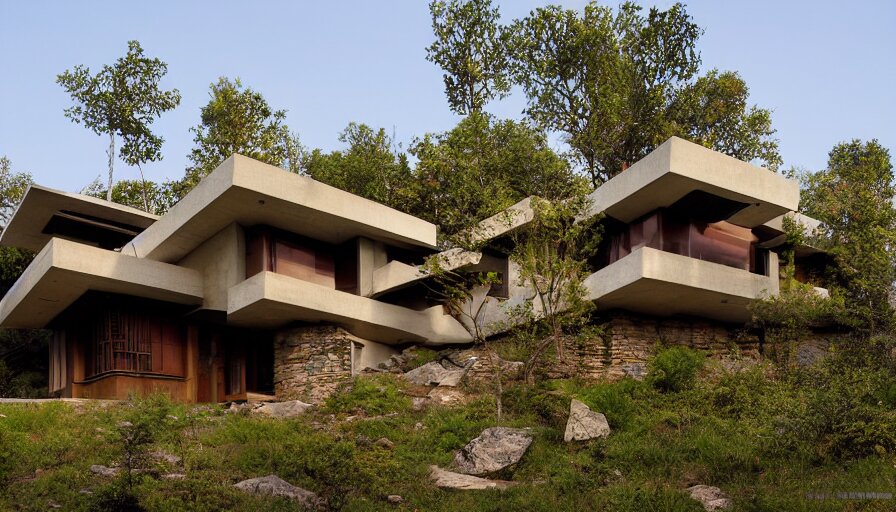 small modern house, tibetan inspired architecture, on a green hill between trees and big boulders, frank lloyd wright, photorealistic, cyberpunk 