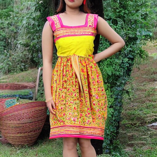 beautiful summer assamese mekehela bihu style floral dress, flirtatious, boho - chic, sleeveless, elegant, short skirt length, slimmer demeanor, plethora of colors ; mini dress 