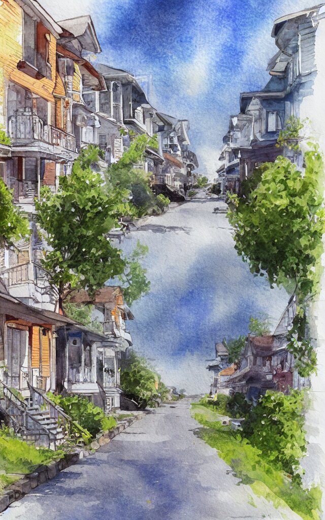 street lined with old residential houses summer watercolor by arti chauhan trending on artstation 