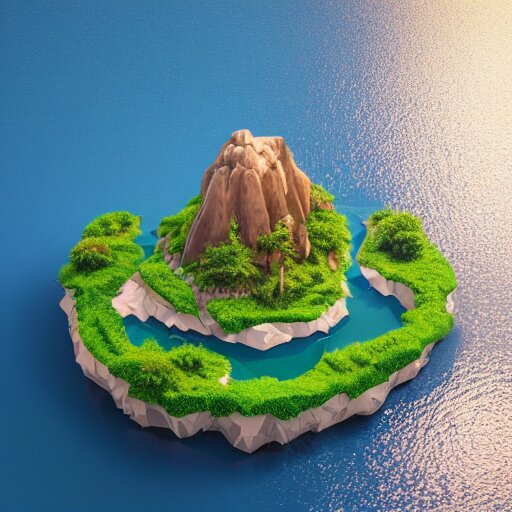 a floating island on an aquatic environment isometric art, lago di sorapis landscape, low poly art, game art, artstation, 3D render, high detail, cgsociety, octane render, sharp focus