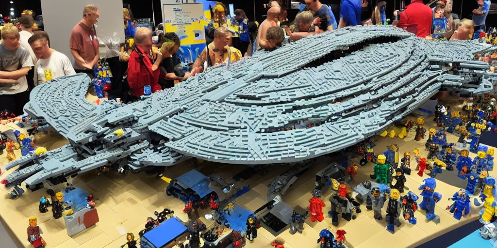 wide shot lens photo of a very intricately detailed and epically shaped 1. 2 5 m long alien lego mothership ufo kit designed by a master builder as displayed at a lego convention. 