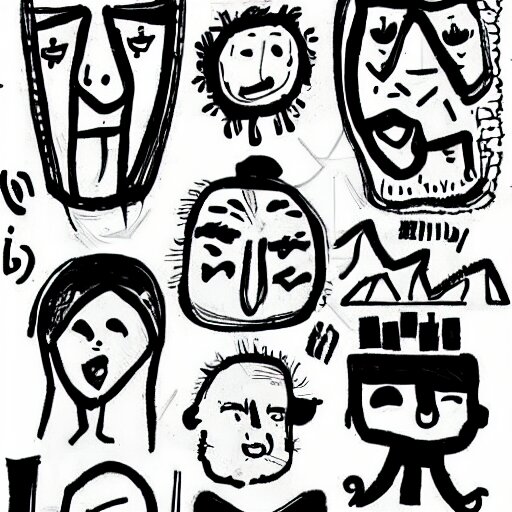 black and white composition of a variety of doodles, drawings, faces, symbols, cartoons, lineart, cave drawing, silhouette, tattoo, chinese ink brush 