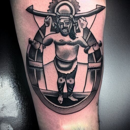 medium shot of a gladiator wearing a galea, tattoo, tattoo art, Black and grey tattoo style