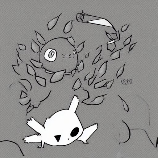 dark, cute, grayscale, void living'leaves bush'creature, bright eyes, pokemon, hayao miyazaki, digital illustration, clipart, cartoon 