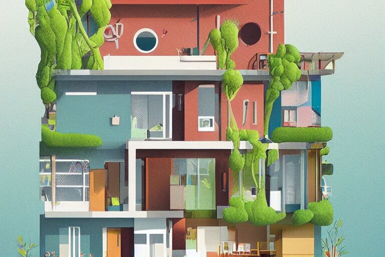 a beautiful flat 2 dimensional illustration of a cross section of a house, view from the side, a storybook illustration by muti, colorful, minimalism, featured on dribble, unique architecture, behance hd, dynamic composition 