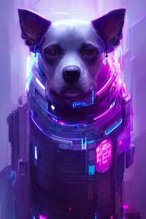 a beautiful portrait of a cute cyberpunk dog by greg rutkowski and wlop, purple blue color scheme, high key lighting, digital art, highly detailed, fine detail, intricate, ornate, complex 