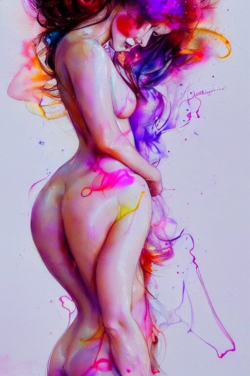 sexy lacivious little smile sophia vergara by agnes cecile enki bilal moebius, intricated details, 3 / 4 back view, hair styled in a bun, bend over posture, full body portrait, extremely luminous bright design, pastel colours, drips, autumn lights 