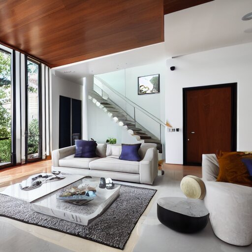 A modern living room with 2 sofas facing each other with a white marble table in the center, on the left side of the living room there is a floor to ceiling glass window while on the right side of the living room there are wooden stairs that lead to the second floor, 8k resolution