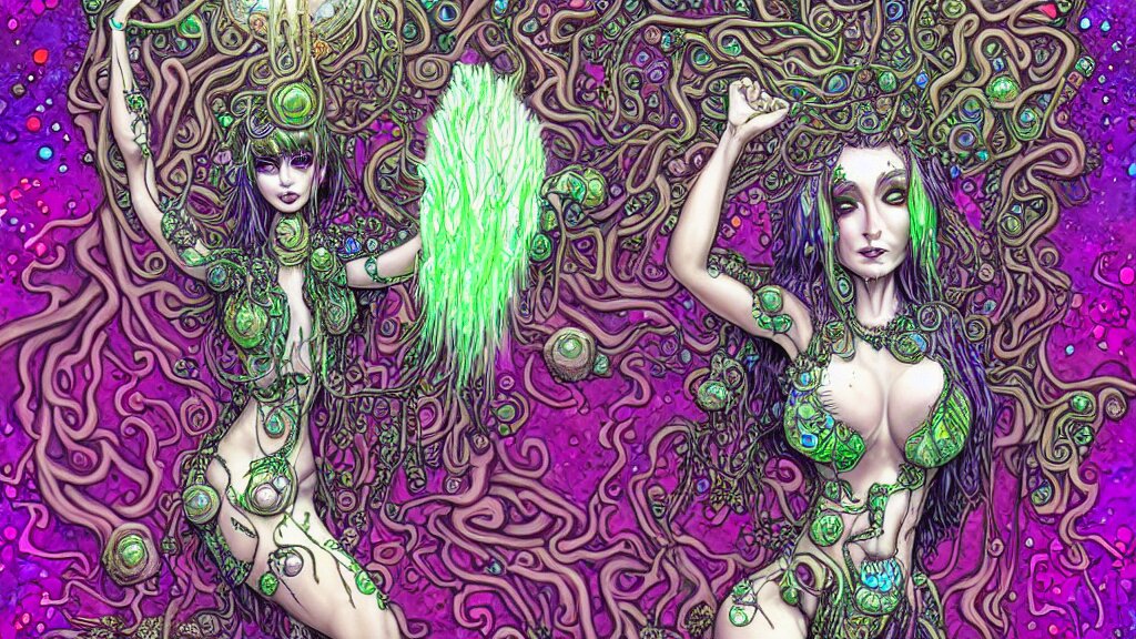 mushroom goddess, overgrown nature, dripping crystals, full body dynamic pose, attractive form, psychedelic dmt deity, high detailed illustration, cyber goth pin up girl, visionary art, fully colored and rendered 