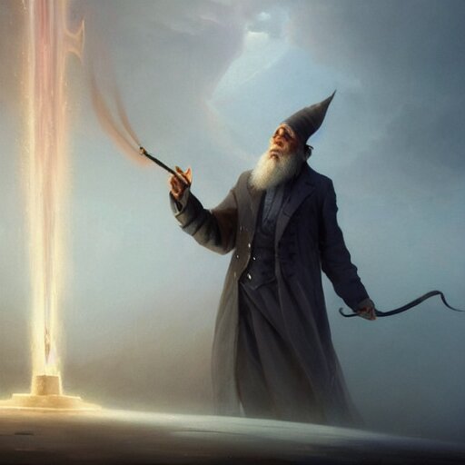 cinematic shot epic portrait an wizard with gray hair and long beard casting a spell with a magic wand, glowing, magic, broad light, ambient occlusion, volumetric light effect, made by ivan aivazovsky, peter mohrbacher, greg rutkowski, matte painting, trending on artstation, 4 k, perfectly defined features, digital painting, cinematic, epic, highly detailed, 