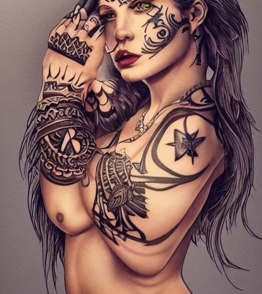 tattoo design on white background of a beautiful girl warrior, hyper realistic, amazing detail, inspired by eliot kohek 