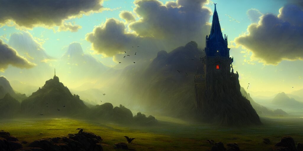 a beautiful fantasy landscape, medieval tower, majestic, god rays, silhouette of a flock of birds in the sky, extremely detailed digital painting, in the style of fenghua zhong and ruan jia and jeremy lipking and peter mohrbacher, mystical colors, rim light, beautiful lighting, 8 k, stunning scene, raytracing, octane, trending on artstation 