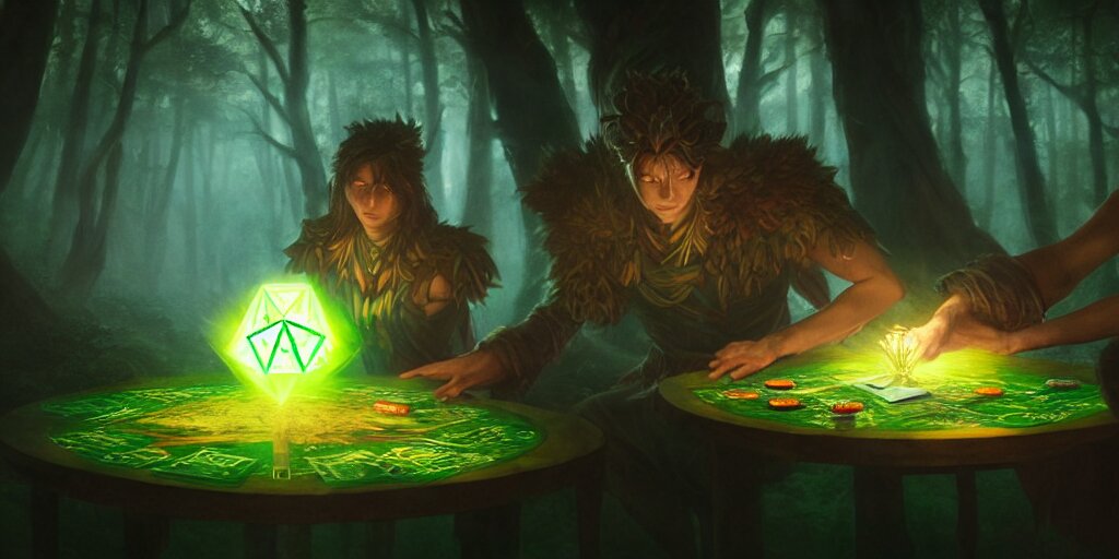 magic : the gathering art of a mythical forest god rolling a d 6 dice, glowing energy, fantasy magic, by willian murai and jason chan, sharp focus, cinematic, rule of thirds, foresthour 