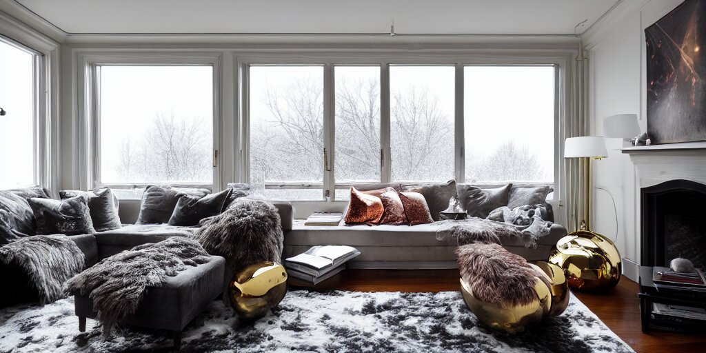 wide angle photograph, atmospheric, outside window ice winter snow, detailed, realistic lighting, sunlight, reflections, award winning contemporary interior design by kelly wearstler and nate berkus, living room, city apartment, cozy calm! fabrics textiles, books, paintings, colorful accents, brass copper, many light sources, lamps, oiled hardwood floor, plants, book shelves, couch, desk, mirrors 