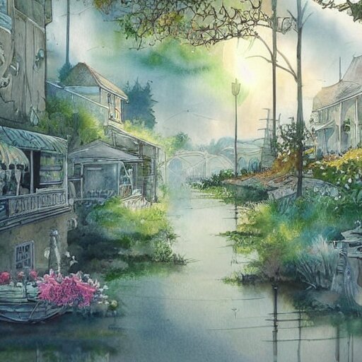 Beautiful happy picturesque charming sci-fi town in harmony with nature. Beautiful light. Water and plants. Nice colour scheme, soft warm colour. Beautiful detailed watercolor by Lurid. (2022)