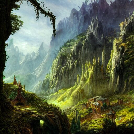 a beautiful and highly detailed epic oil painting of an elven city in the mountains, lush valley, beautiful trees, ancient stone runes, intricate details, epic scale, insanely complex, 8 k, sharp focus, hyperrealism, fantasy landscape, psychedelic, by caspar friedrich, brian froud, albert bierstadt, 