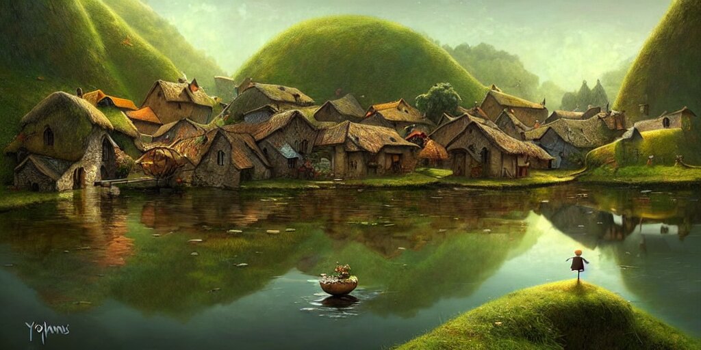  amazing detailed village with a river, water, reflection, stone bridge, art by Yohann Schepacz, art by Gediminas Pranckevicius, art by Esao Andrews