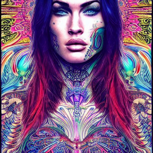 an extremely psychedelic portrait of megan fox as mgk, surreal, lsd, face, detailed, intricate, elegant, lithe, highly detailed, digital oth, sharp focus, illustration, 