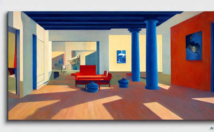 Interior shot of contemporary museum with abstarct arts hanging on the wall,  very coherent, painted by Edward Hopper, painted by James Gilleard, airbrush,  art by JamesJean