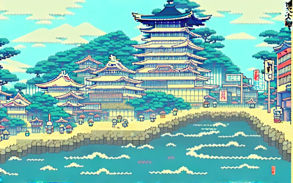 a japanese city near the sea, lofi, dreamy, moody, anime inspiration, ghibli vibe, pixelart 