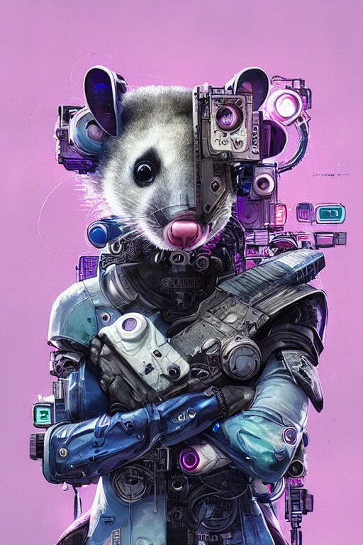 a beautiful portrait of a cute cyberpunk opossum by sandra chevrier and greg rutkowski and wlop, purple blue color scheme, high key lighting, volumetric light, digital art, highly detailed, fine detail, intricate, ornate, complex, octane render, unreal engine, photorealistic 