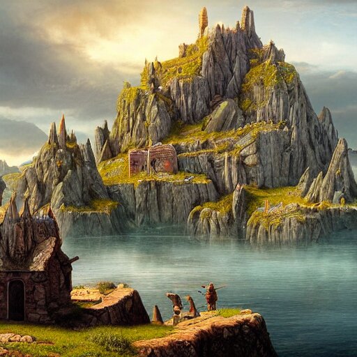 a beautiful and highly detailed matte painting of a colorful yet humble viking temple and fort built of large stones in the distance high in the most epic mountains ever, intricate details, epic scale, insanely complex, 8 k, sharp focus, hyperrealism, very realistic, by caspar friedrich, greg rutowski, james gurney, hudson river school 