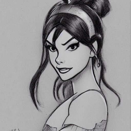 milt kahl sketch of victoria justice with done up hair, tendrils and ponytail as princess padme from star wars episode 3