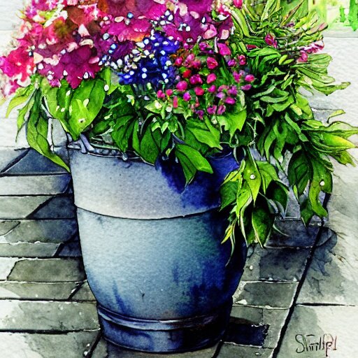 a beautifull intricate watercolor painting of potted planter with flowers inside sitting on wet sidewalk, reflexions, high details by stephanie law art 