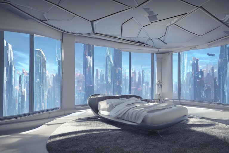 a futuristic luxury white bedroom with curved ceiling high windows looking out to a far future cyberpunk cityscape with many flying cars, night time, neon lights, cinematic 3d render, unreal engine 5, cgsociety