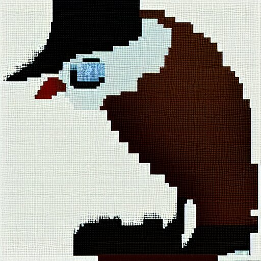 a bird with a hat in pixelart, white background 