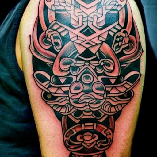 intricate japanese mayan yakuza tattoo, geometric dark animal tattoo, tattoo on upper arm