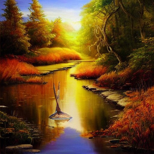 beautiful scenery, varnished painting, visible canvas, highly reflective, realistic reflections, realistic lighting, glossy, realistic 