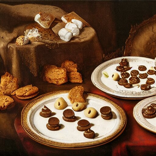 opulent banquet of plates of freshly baked chocolate chip cookies, delicious, glistening, chocolate sauce, marshmallows, highly detailed, food photography, art by rembrandt 