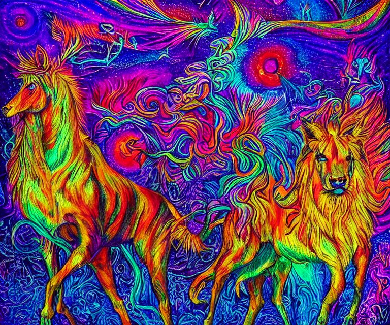 the wildest dream, vivid colors, golden hour, psychedelic art, magical creatures 