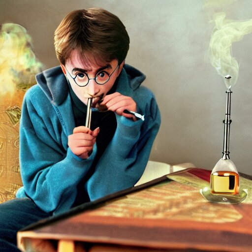 harry potter smoking a bong while sitting on a couch with a lava lamp next to him 