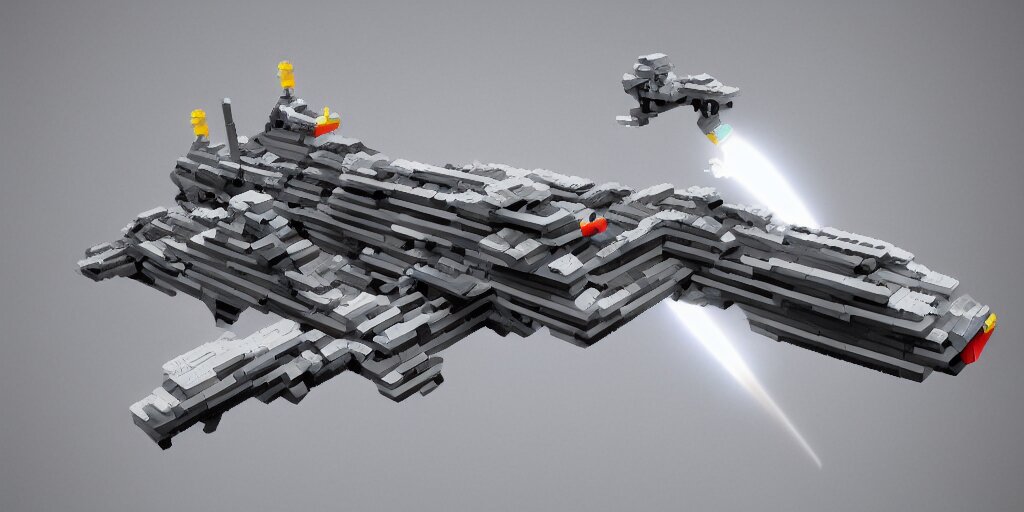 gigantic spaceship made with grey legobricks, flying in the galaxy 