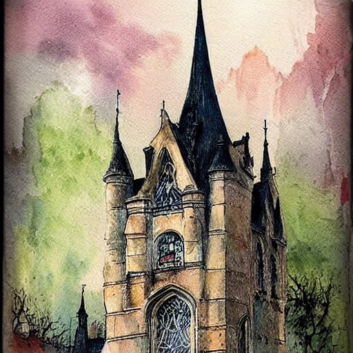 (((((((watercolor sketch of Gothic revival castle gatehouse. painterly, book illustration watercolor granular splatter dripping paper texture. pen and ink))))))) . muted colors. by Jean-Baptiste Monge !!!!!!!!!!!!!!!!!!!!!!!!!!!!!!!!!!!!!!!!