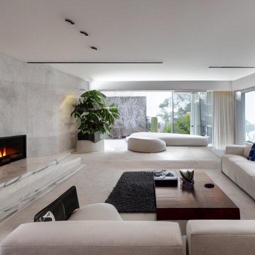 A modern living room with a beautiful white marble table between 2 white sofas ,on the left of the living room there are floor to ceiling glass window and on the right of the living room there are wooden stairs to the second floor, 8k resolution, professional interior design photograph