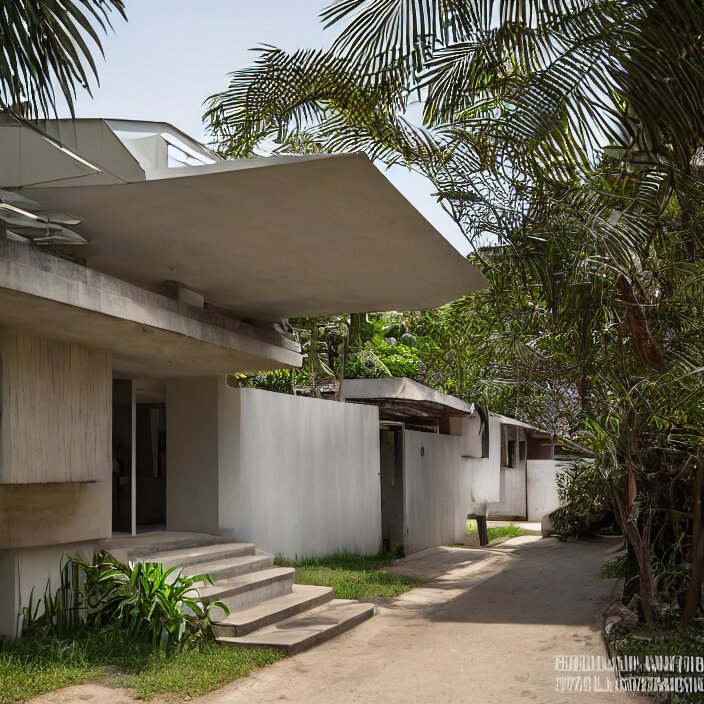 wide angle exterior shot of an modernist town house on a quiet street in lagos, tropical african architecture with sun shading and pergolas, contemporary architecture, cosmopolitan design, architectural magazine feature, architectural photography, canon eos r 3, telephoto lens, sigma 5 0 0 mm f / 5, iso 2 0 0, 1 / 1 6 0 s, 8 k, raw, unedited, in - frame 