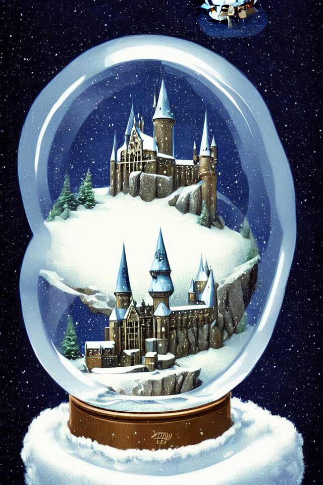 an achingly beautiful print of one snow globe with hogwarts inside by raphael, hopper, and rene magritte. detailed, proportional, romantic, vibrant, enchanting, trending on artstation 