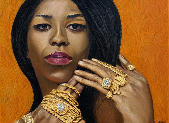 painting of a female wearing hundreds of gold and platinum rings, by alex petruk 