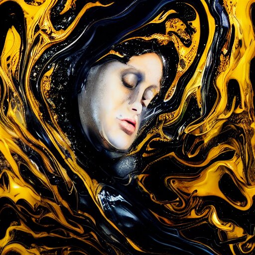 two female bodies melting liquid acrylic painting abstract in glass and black latex fluid, black paint, female face, woman body, hypperrealistic, bokeh, long exposure, close up portrait, fantasy concept art, epic light, clouds, god rays, heaven, art noveau, artistic sketch, dark mood, film still, swirly body painting, golden filigree 